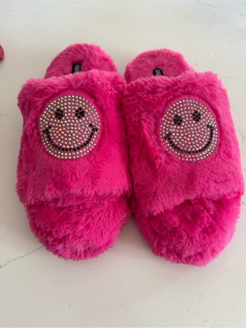 Steve Madden Hot Pink Fuzzy Smiley Slide Slippers